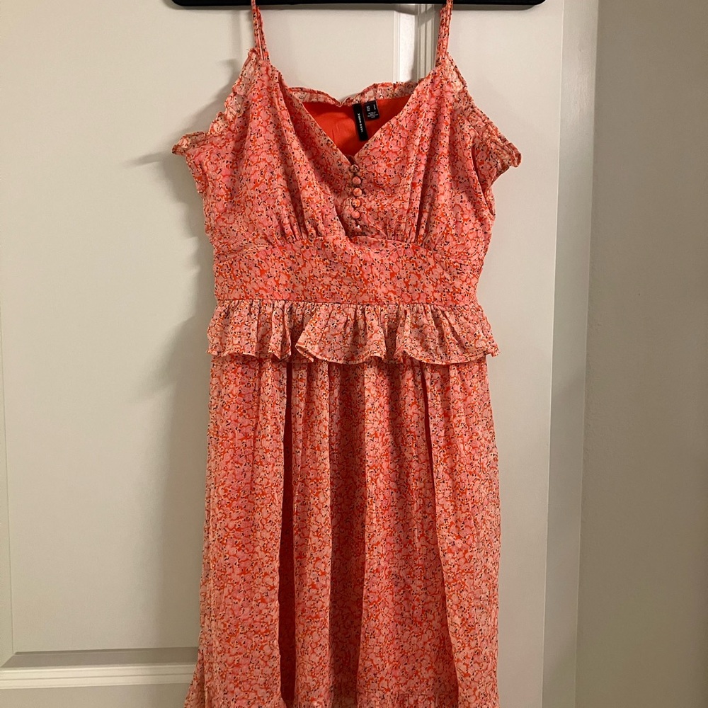 Vero Moda Coral-Pink Floral Spaghetti Strap Ruffle Midi Dress